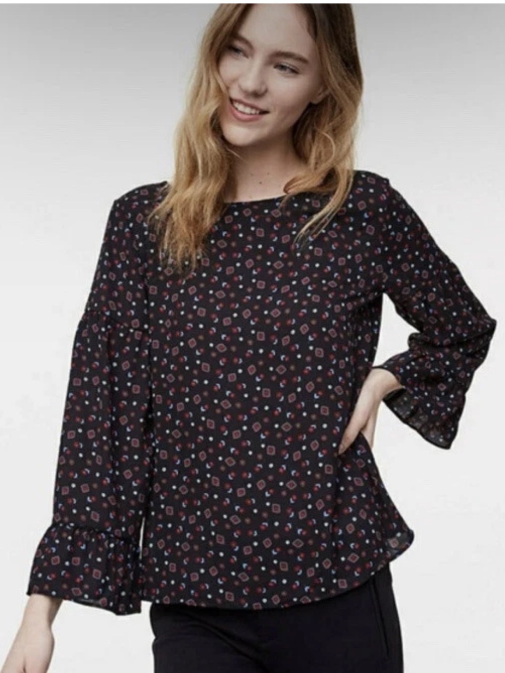 NWT LOFT Black Printed Bell Sleeve LS Blouse M
